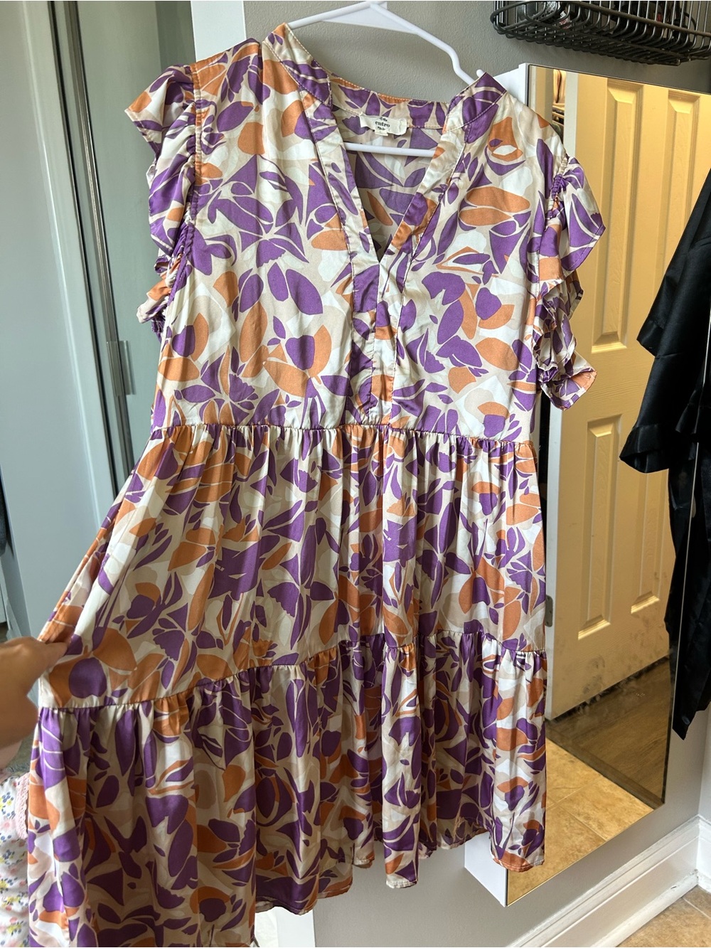 entro Purple & Orange Leaf Print V-Neck Dress
